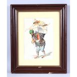 A GOOD TURKISH FRAMED WATER COLOUR / PAINTING, Depicting a Turkish trader with his objects upon