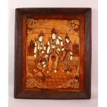 AN INDIAN INLAID WOODEN PANEL, inlaid with exotic woods and bone, depicting figures, 65cm x 55cm.