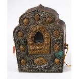 A CHINESE TIBET METAL EMBOSSED INCENSE BURNER - the back opening - the front with a glass insert for