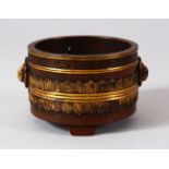 A GOOD CHINESE BRONZE CENSER, the exterior with a central band of gilded decoration, four