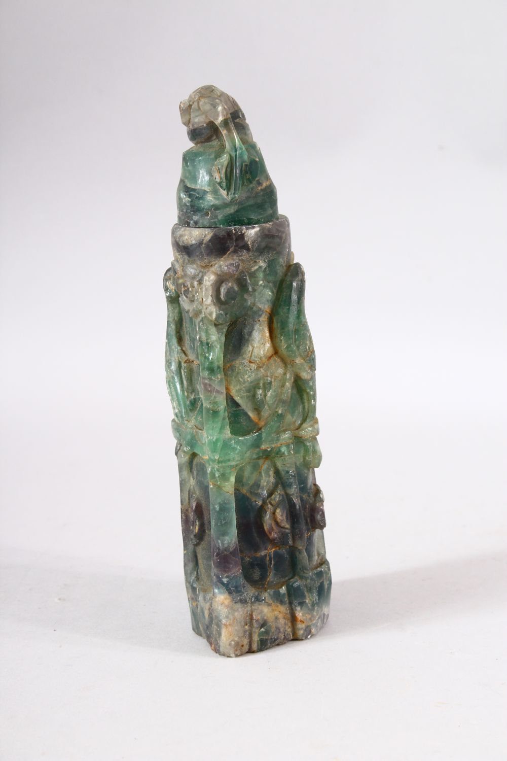 A CHINESE CARVED GREEN HARD STONE LIDDED VESSEL - carved with scenes of birds, 22.5cm - Image 2 of 7