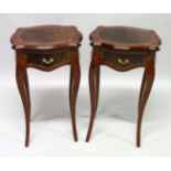 A PAIR OF FRENCH STYLE MAHOGANY AND BURRWOOD SINGLE DRAWER LAMP TABLES. 1ft 5.5ins wide x 2ft 6.5ins