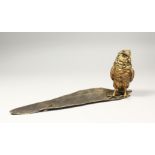 A GOOD BRONZE OWL AND FEATHER INKWELL in the Vienna style. Signed 13ins long.