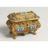 A VERY GOOD BRONZE AND ENAMEL JEWEL BOX with velvet interior, 5.5ins long.