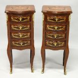 A PAIR OF FRENCH STYLE MAHOGANY AND INLAID FOUR DRAWER CHESTS on cabriole legs. 1ft 1.5ins wide x