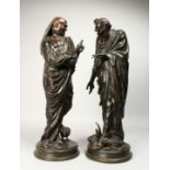 A SUPERB PAIR OF 19TH CENTURY BRONZE CLASSICAL FIGURES of a man and a woman, chickens and dead