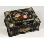 A VICTORIAN PAPIER MACHE FITTED SEWING BOX inlaid with mother of pearl 10ins long