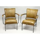 A PAIR OF MODERN LEATHER, WROUGHT IRON AND WALNUT ARMCHAIRS