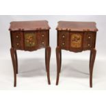 A PAIR OF FRENCH STYLE MAHOGANY AND INLAID TWO DRAWER SIDE TABLES. 1ft 7ins wide x 2ft 6ins high.