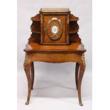 A LATE 19TH CENTURY FRENCH KINGWOOD, ROSEWOOD AND ORMOLU BONHEUR DU JOUR, the upper section with