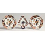 A PAIR OF MASONS IRONSTONE PLATES, together with similar leaf shape dish. Plates 10ins diameter (