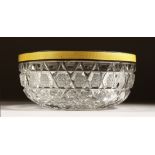 A CUT GLASS CIRCULAR BOWL with silver and yellow enamel rim 6ins diameter.