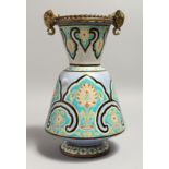 AN ALHAMBRA POTTERY VASE with moulded and painted decoration in the Islamic style, with gilt metal