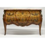 A VERY GOOD LARGE LOUIS XVIth DESIGNKIINGWOOD AND MARQUETRY TWO DRAWER BOMBE COMMODE with marble top