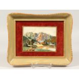AN ITALIAN PIETRA DURA PICTURE OF A COTTAGE IN A MOUNTAINOUS LANDSCAPE, mounted in a red velvet