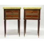 A PAIR OF FRENCH MAHOGANY BEDSIDE TABLES with brass galleried marble tops over a pair of drawers