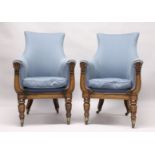 A VERY GOOD PAIR OF WILLIAM IV ROSEWOOD FRAMED BERGERE CHAIRS with blue padded upholstery and