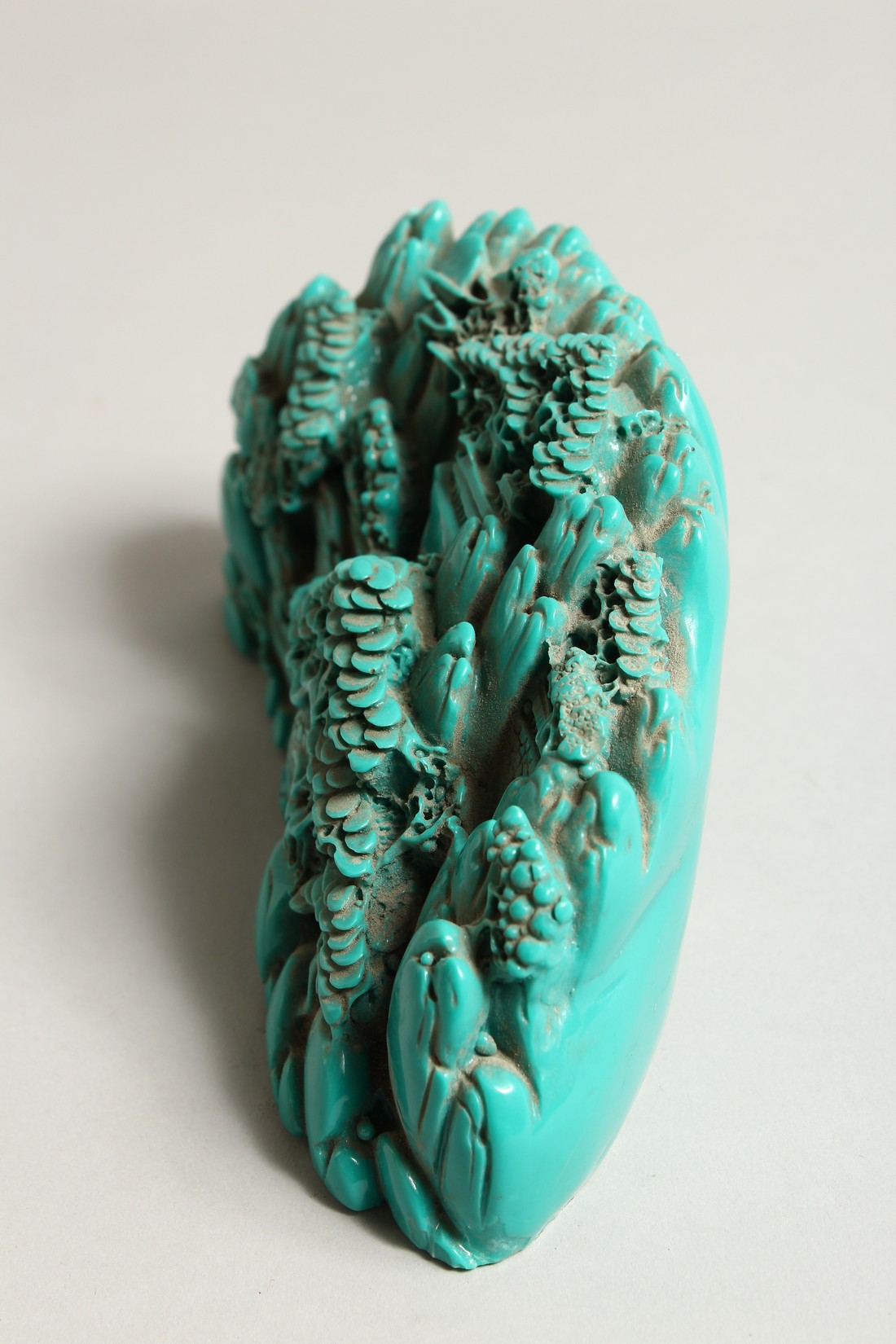 A CHINESE CARVED TURQUOISE BOULDER 9.5ins long. - Image 2 of 3
