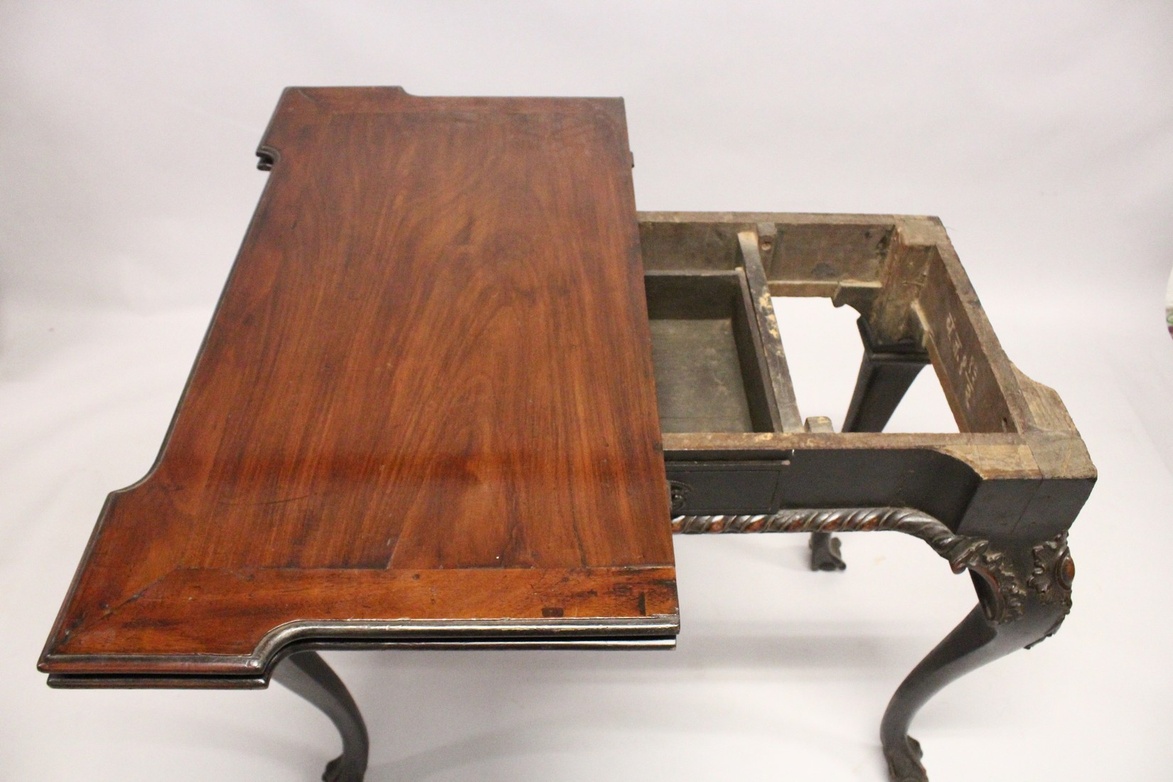 A GEORGE III MAHOGANY FOLD OVER CARD TABLE, possibly Irish, of shaped rectangular outline, a - Image 5 of 10