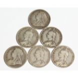 SIX VICTORIAN SILVER HALF CROWNS