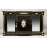 A VERY GOOD 19TH CENTURY FRENCH EBONY BREAK FRONT CREDENZA, with ornate mounts inset with Sevres