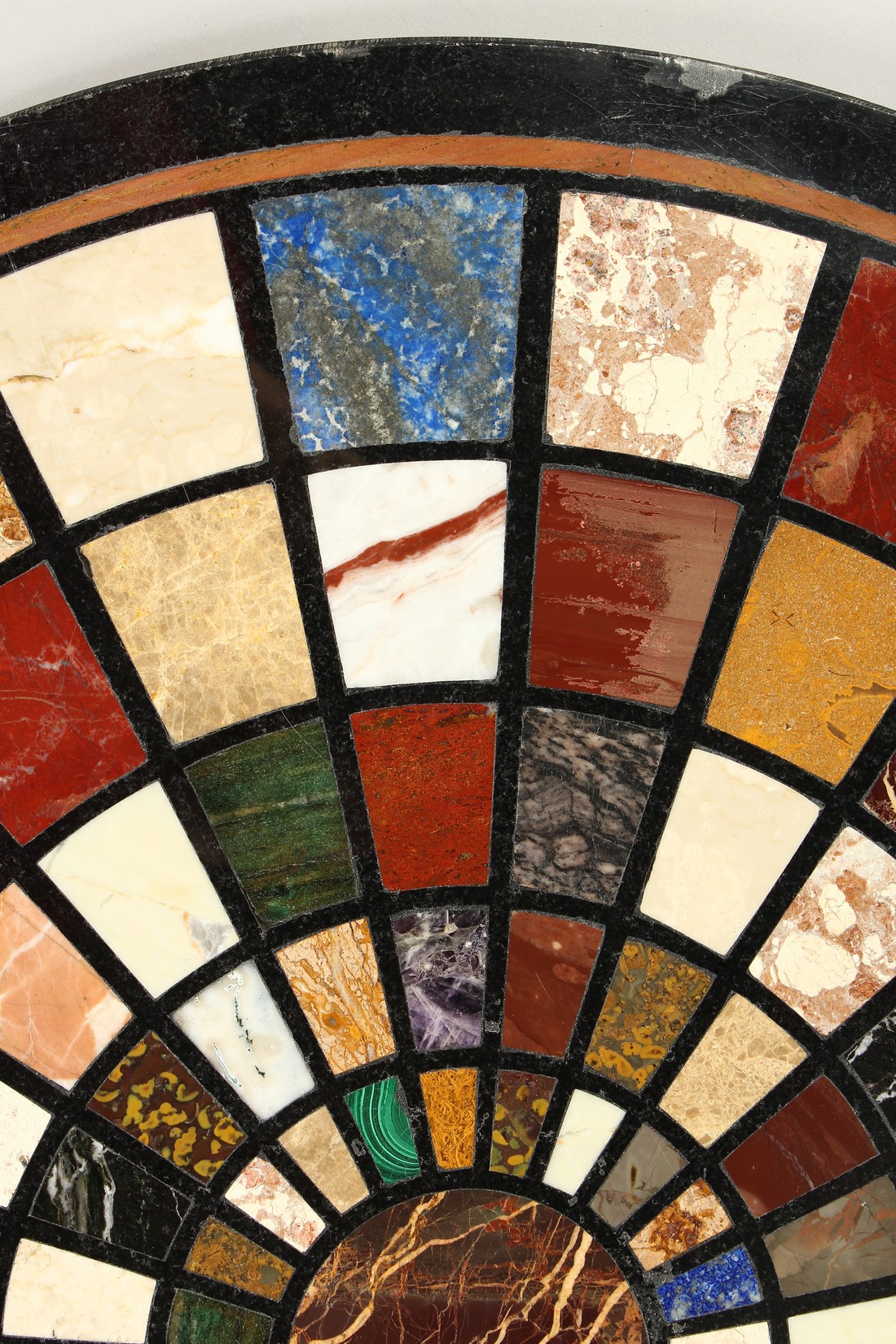 A VERY GOOD SPECIMEN MARBLE CIRCULAR TABLE TOP, with radiating bands and sections of various marbles - Image 9 of 11