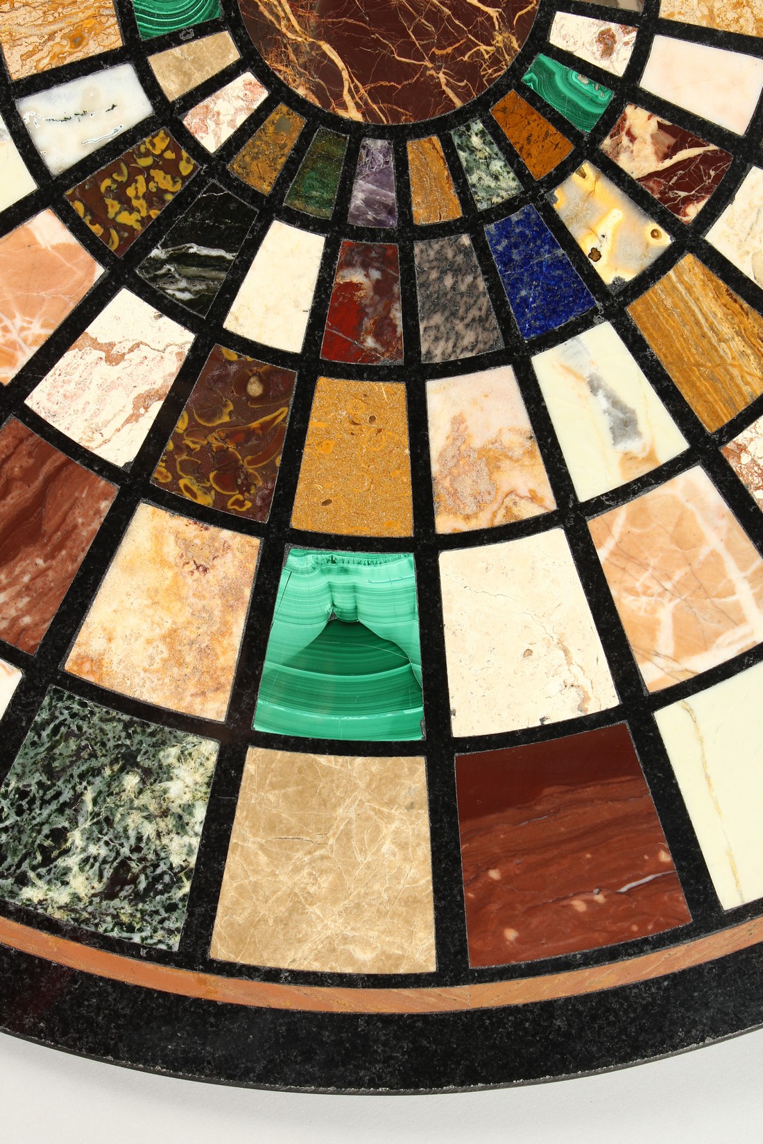 A VERY GOOD SPECIMEN MARBLE CIRCULAR TABLE TOP, with radiating bands and sections of various marbles - Image 7 of 11
