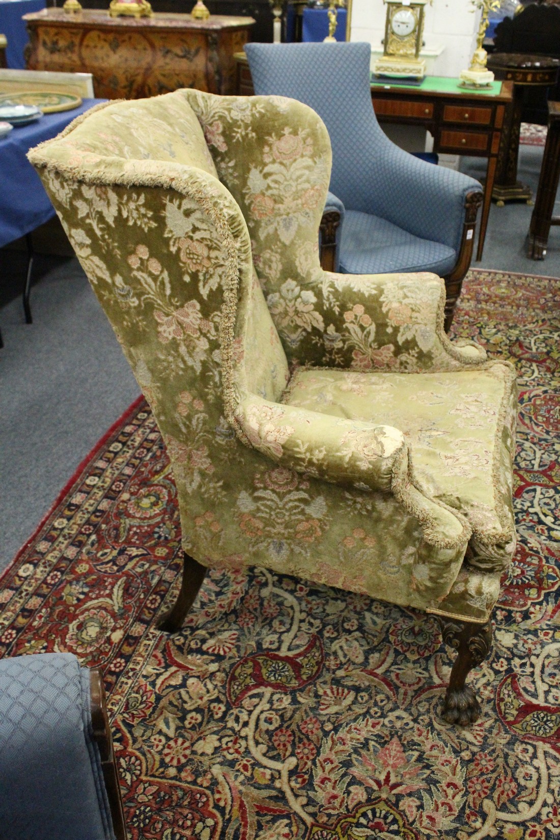 A GEORGE III DESIGN WING ARMCHAIR with floral decoration and velvet upholstery on carved cabriole - Image 3 of 5