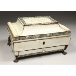 A GOOD ANGLO INDIAN IVORY JEWEL BOX with fitted interior and single drawer on claw feet. 10ins
