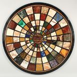 A VERY GOOD SPECIMEN MARBLE CIRCULAR TABLE TOP, with radiating bands and sections of various marbles