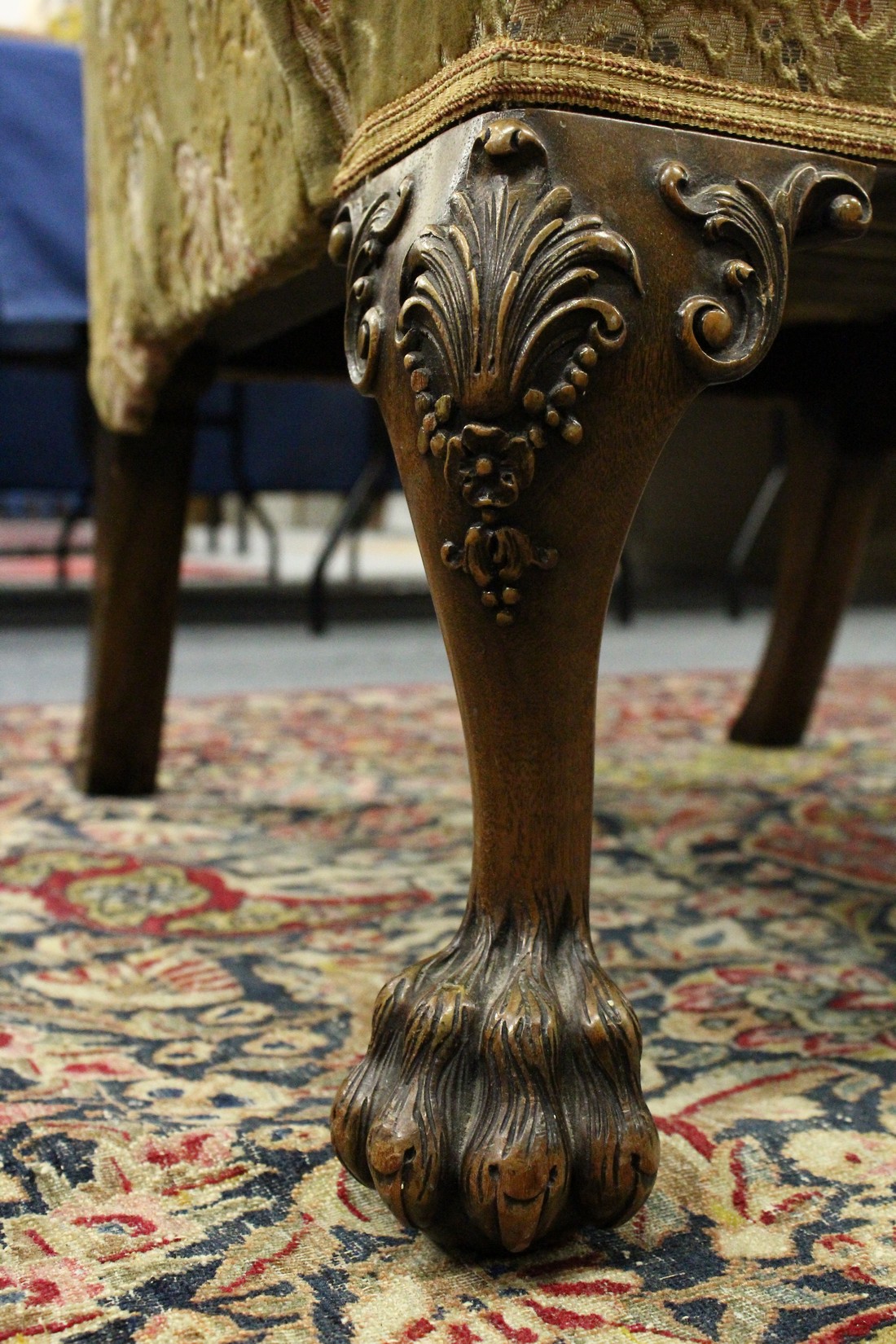 A GEORGE III DESIGN WING ARMCHAIR with floral decoration and velvet upholstery on carved cabriole - Image 5 of 5