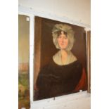 A portrait of a young lady with a bonnet, oil on canvas, unframed.