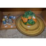 Decorative china ornaments, a fruit shaped tureen and two Toleware trays.