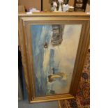 Coastal landscape with sailing dinghies and a steam ship, oil on canvas (AF).