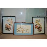 A set of three Chinese hardstone pictures, framed and glazed.