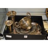 A silver twin handled cup, two silver vases and various plated wares.