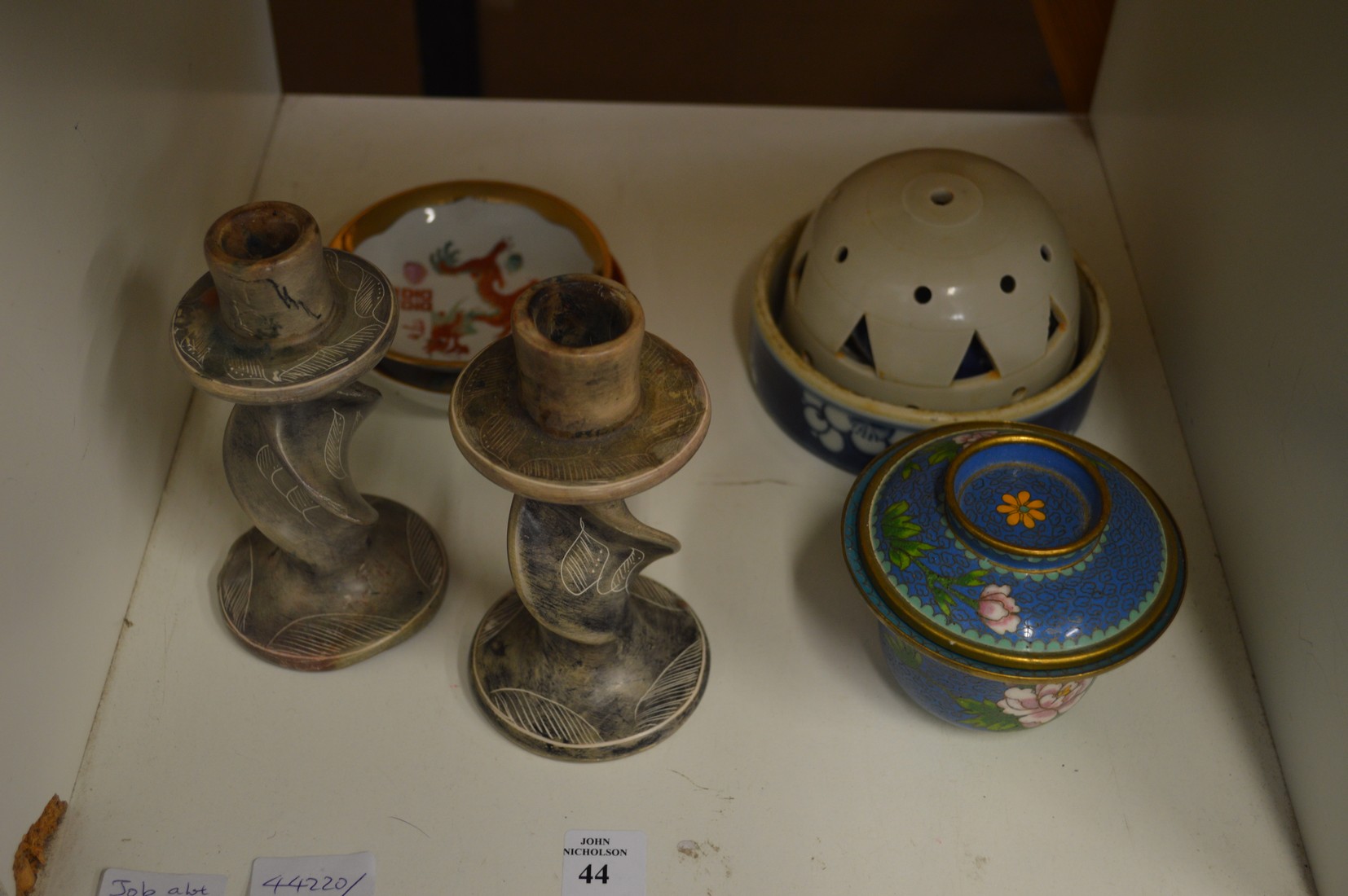 A cloisonne bowel and cover and other items.