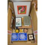 Decorative pictures, a pair of cut glass dishes, paperweights etc.