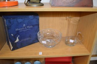 A Mappin & Webb cut glass bowl with original box together with a glass jug.