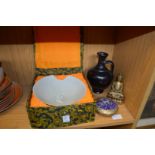 A Chinese bowl, boxed, a cloisonne box and cover, a Buddha and a stone jug.