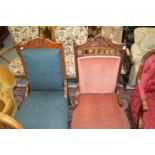 Two Victorian walnut framed and upholstered chairs.