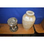 A heavy alabaster vase and a serpentine stone font style bowl.