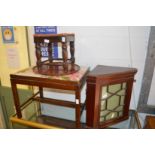 Two mahogany stools, a table top and a corner cabinet.
