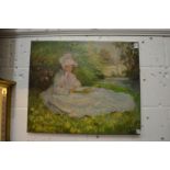 A study of a young lady wearing a white dress holding a posy of flowers, oil on canvas, unframed.