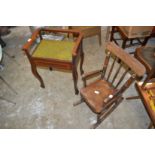 A child's rocking chair and a piano stool.