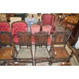 A matched set of four 17th century style carved walnut dining chair, two with arms, all with cane