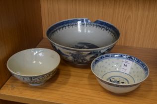 Three Chinese blue and white bowls.