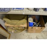 A dressing case with canvas cover and a box of miscellaneous.