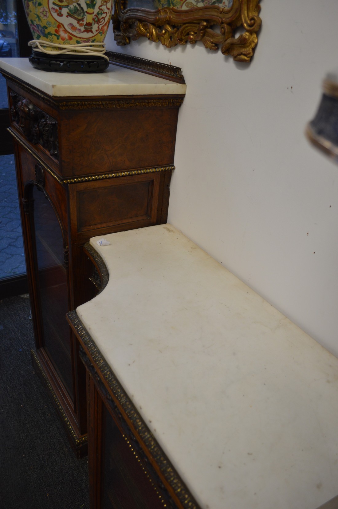 A good Victorian walnut, marble and ormolu mounted drop centre side cabinet, possibly by Gillow. - Image 2 of 2