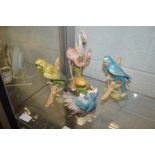A group of Goebel models of budgies and flamingos.